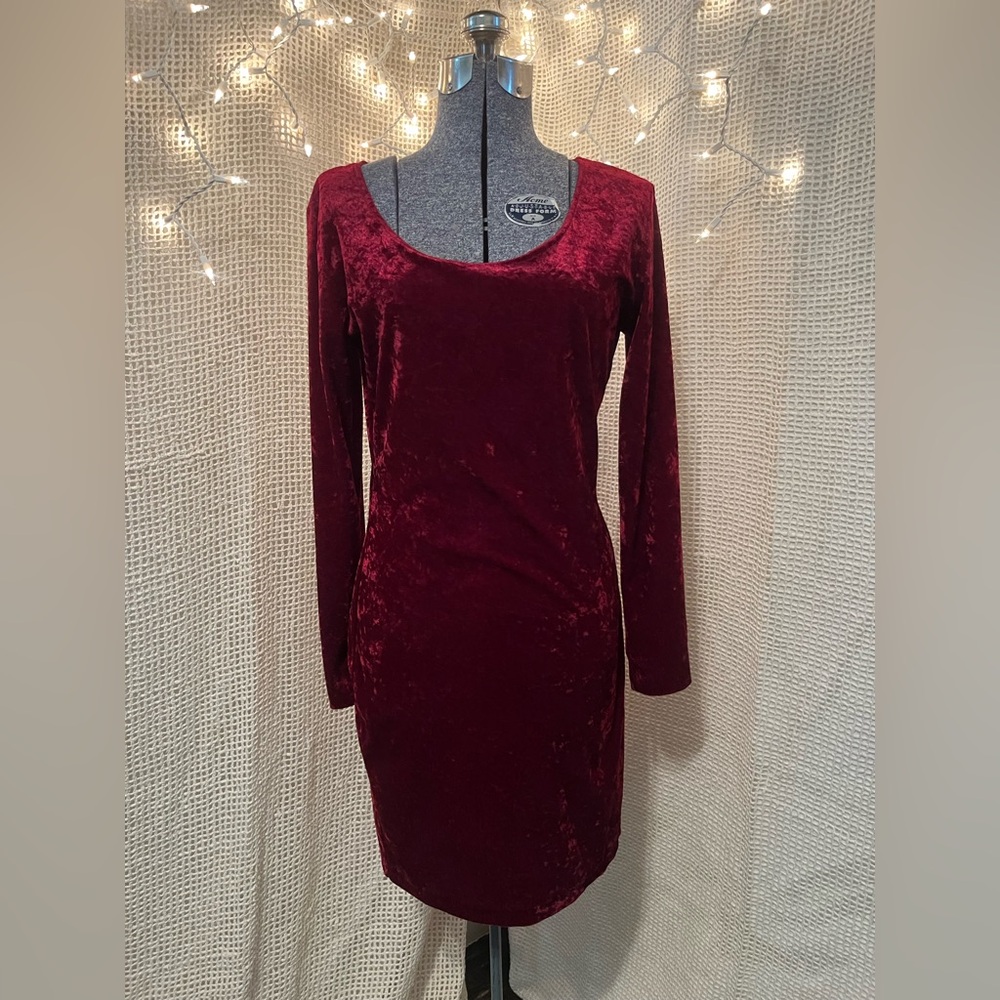 Vintage 90s Crushed Velvet Midi Dress Size L Grunge Goth burgundy Long Sleeve